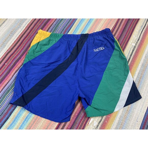Vtg 90s Nautica Color Block Swim Trunks Shorts Green Blue Yellow Stripe Men’s L - Picture 4 of 8